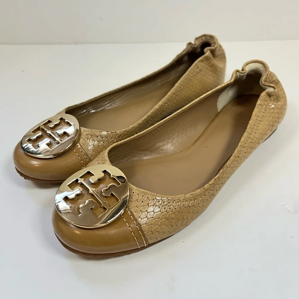 Tory Burch Reva Snake Embossed Leather Ballet Flats Tan Gold Logo 8M